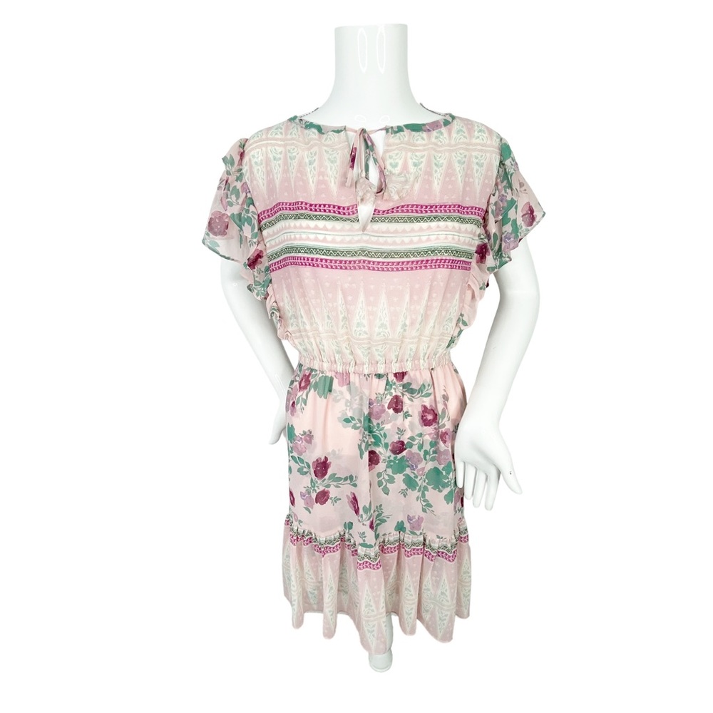 NWT Misa Los Angeles Mixed Pattern Pink Green Ruffle Mini Dress Size Small